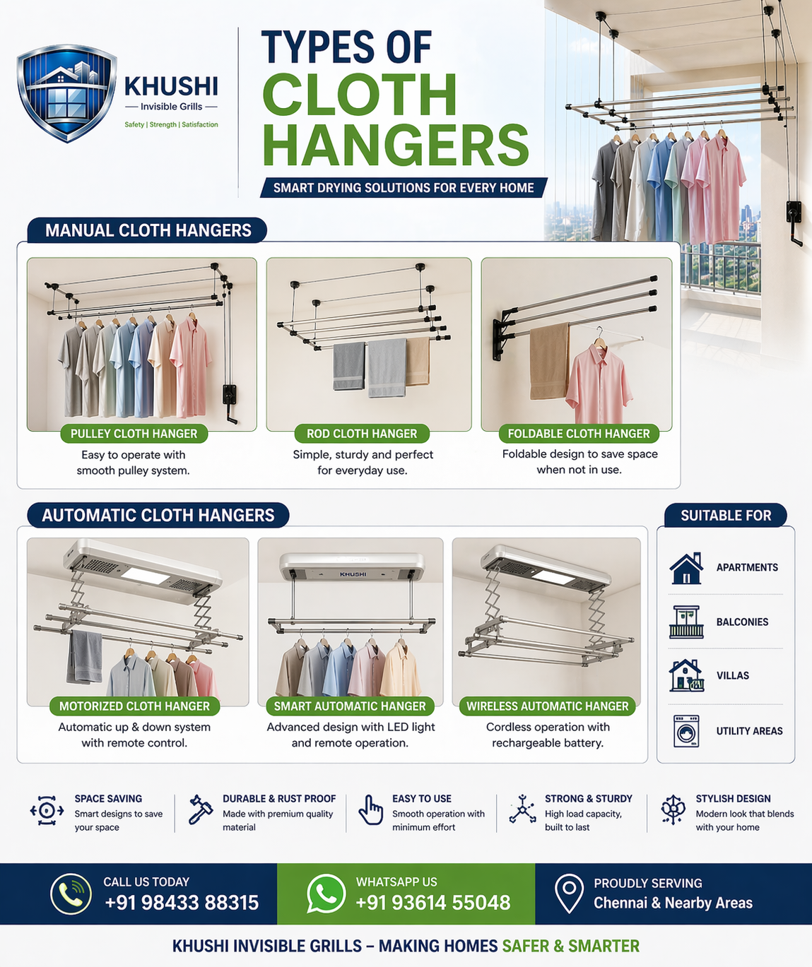 Types of Cloth Hangers Chennai - Pulley Rod Motorized Automatic
